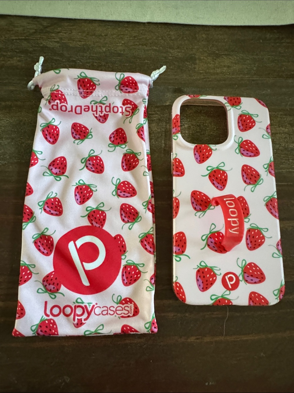 Loopy Case iPhone 15 Pro Max Strawberry Pink Phone Case with Matching Pouch